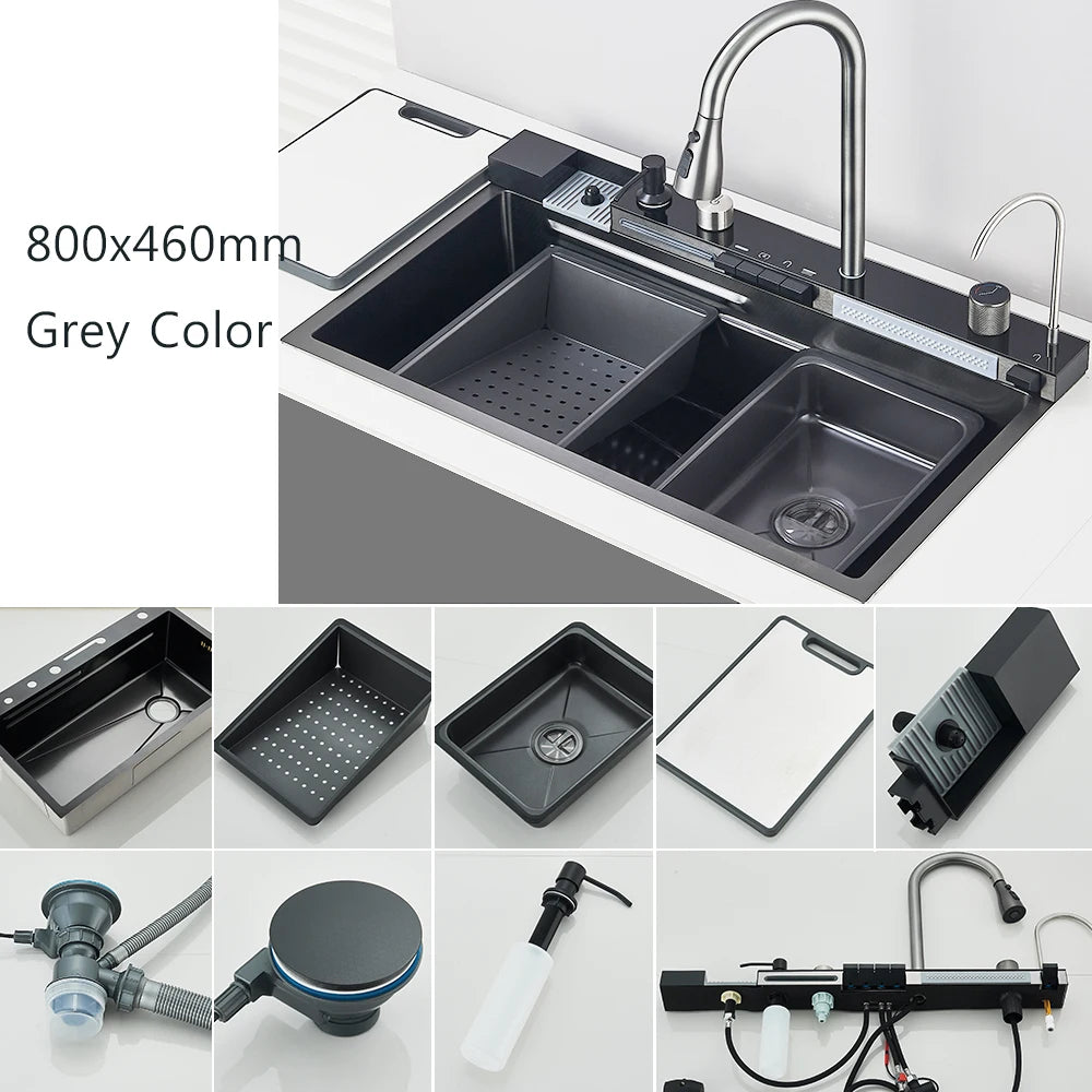80X46cm Smart Digital Display Integrated Kitchen Sink Set Temperature Control Waterfall Water Purifier Soap Dispenser Cup Washer