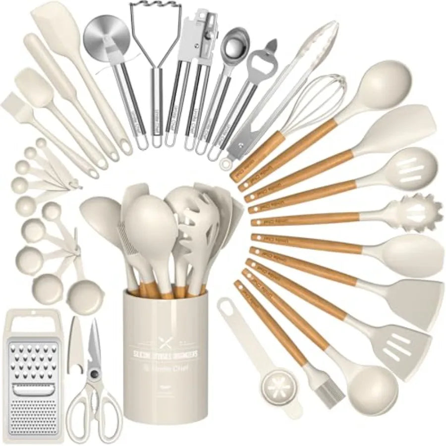 Silicone Kitchen Utensil Set, 34PCS Heat Resistant Kitchen Gadgets and Tools With Grater, Wood Handles for Nonstick Cookware