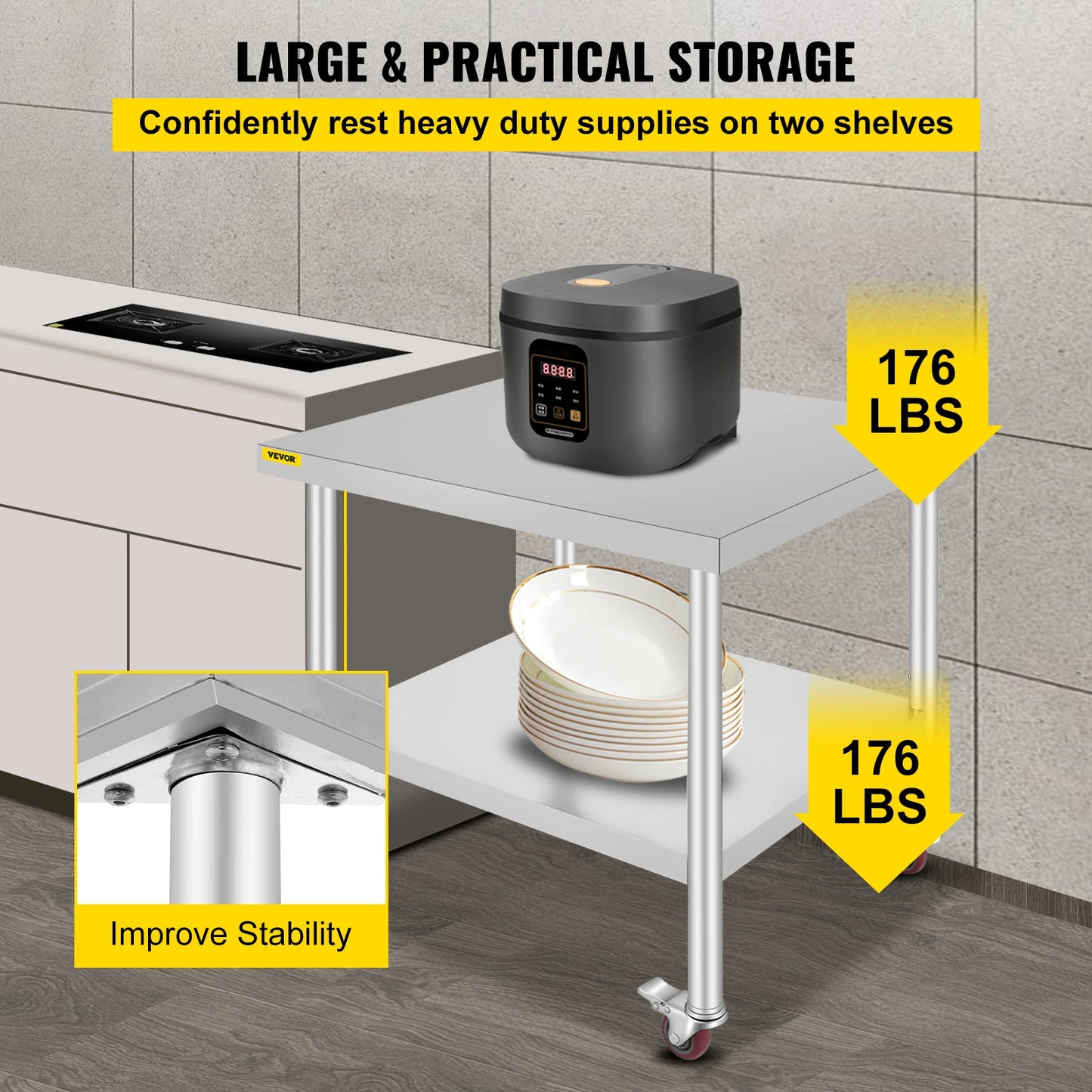 SucceBuy Stainless Steel Kitchen Prep Table With Caster Wheels Backsplash