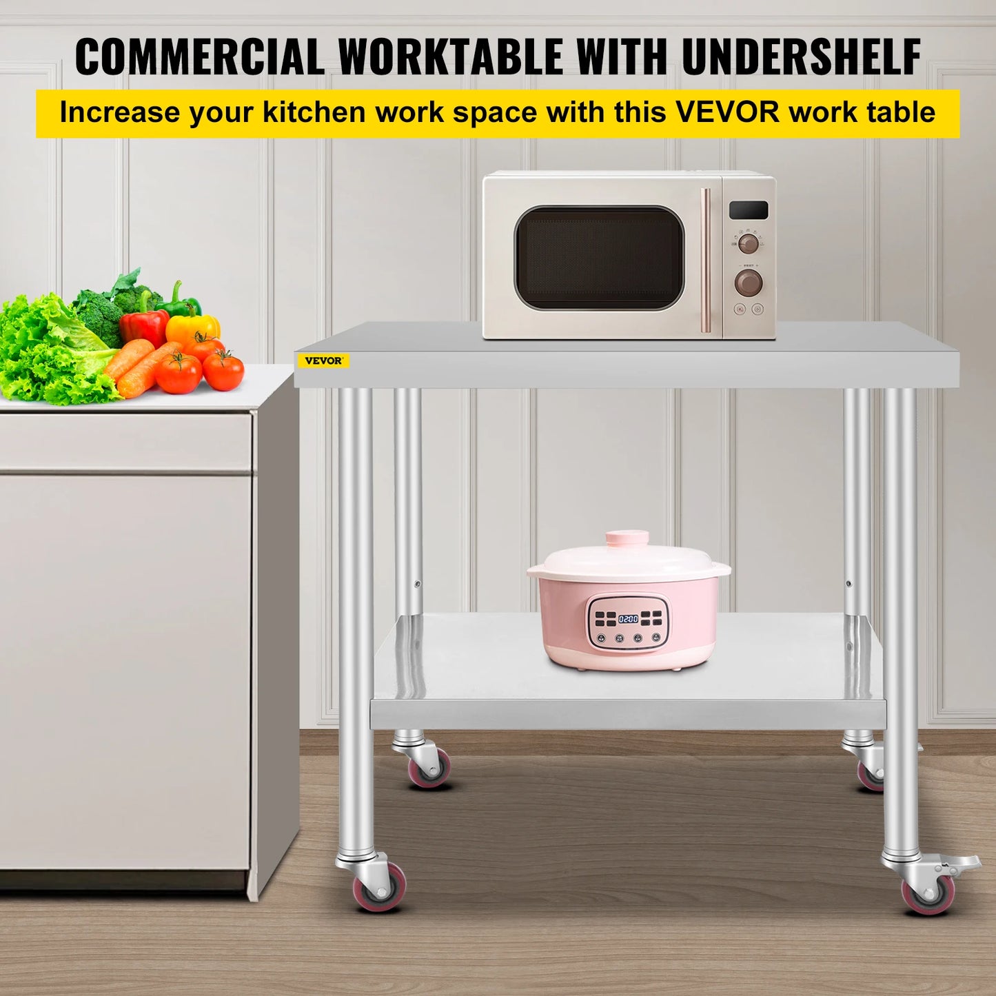 SucceBuy Stainless Steel Kitchen Prep Table With Caster Wheels Backsplash