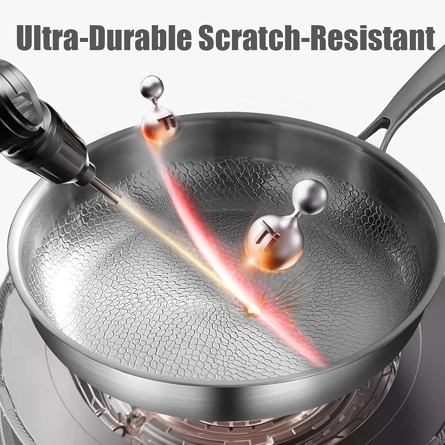 Premium Hammered Texture Titanium Golden Frying Pan with Lid, Upgraded Non-Coated Titanium Golden Professional Cookware. Suitable for All Stovetops, Easy to Clean. This Is a Metal Pan Without Chemical Coatings. The Microscopi