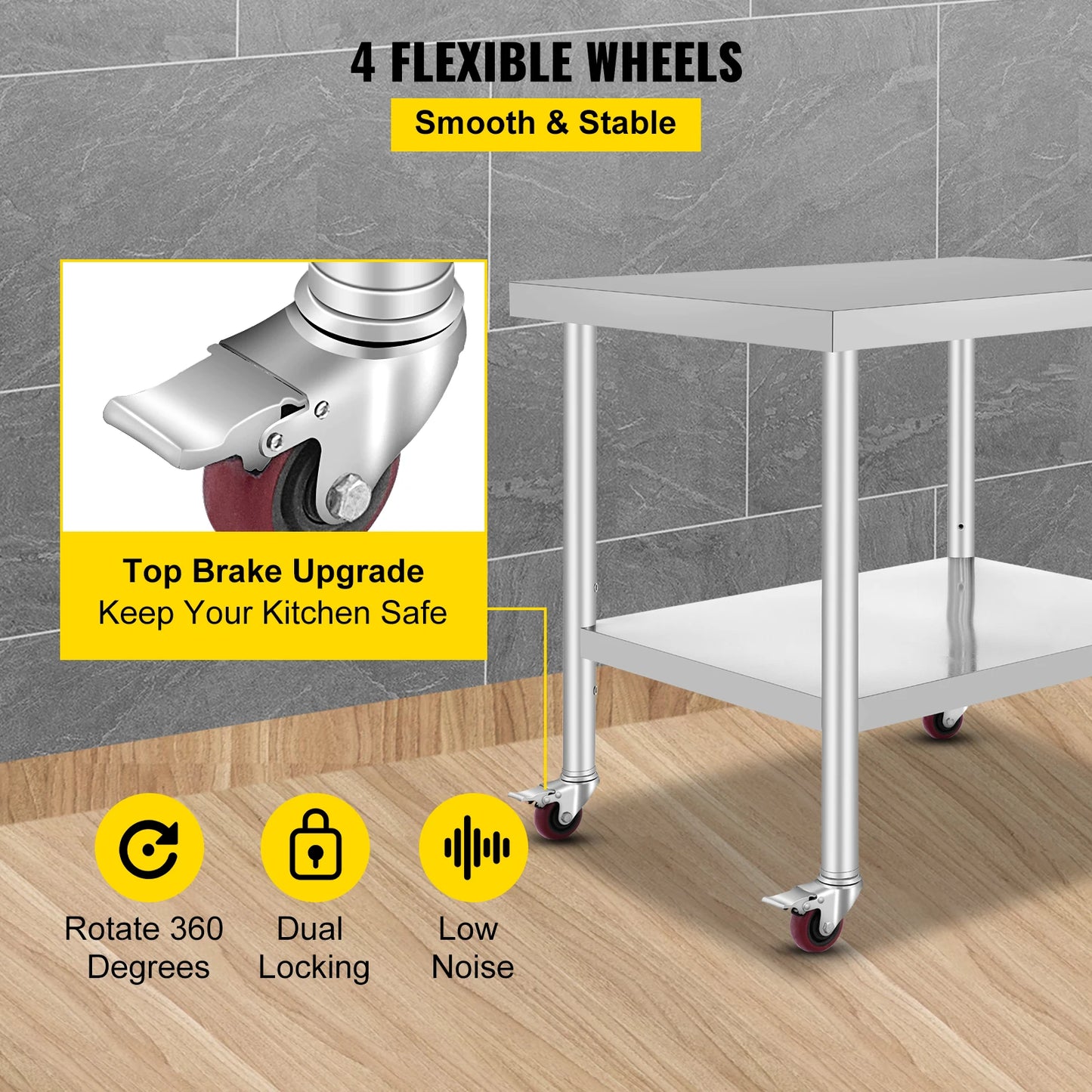 SucceBuy Stainless Steel Kitchen Prep Table With Caster Wheels Backsplash