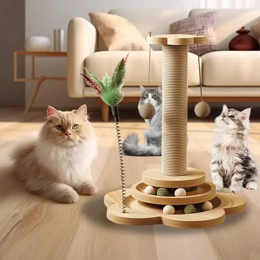 4-In-1 Interactive Cat Toy With Scratch Pole Track Ball Teaser