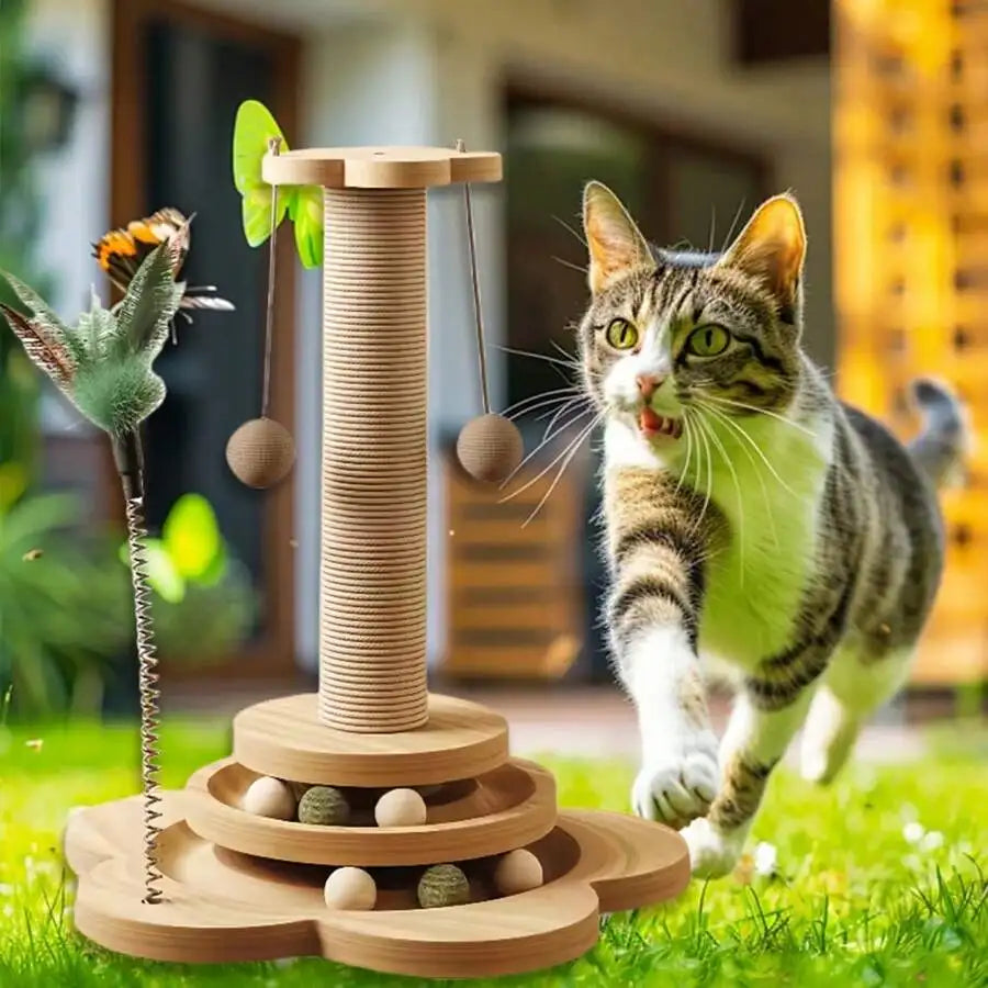 4-In-1 Interactive Cat Toy With Scratch Pole Track Ball Teaser