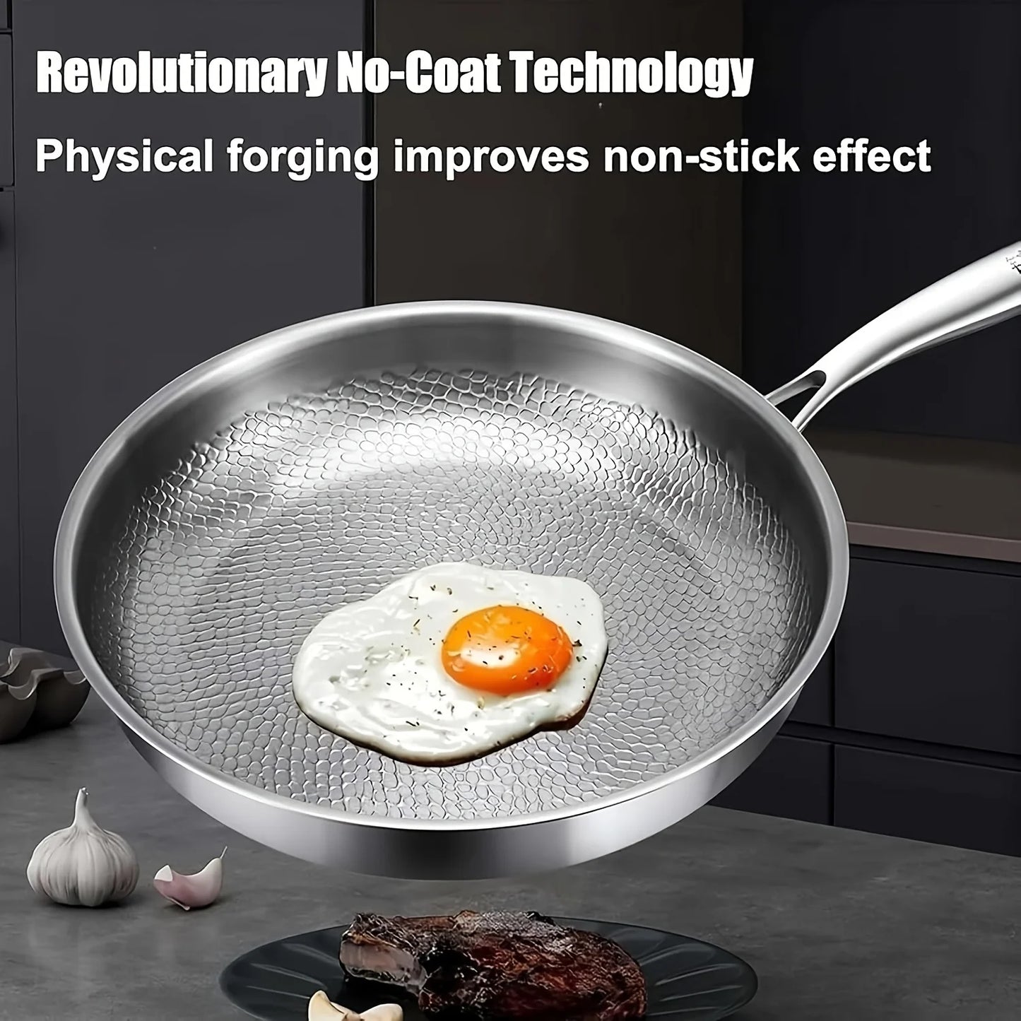 Premium Hammered Texture Titanium Golden Frying Pan with Lid, Upgraded Non-Coated Titanium Golden Professional Cookware. Suitable for All Stovetops, Easy to Clean. This Is a Metal Pan Without Chemical Coatings. The Microscopi