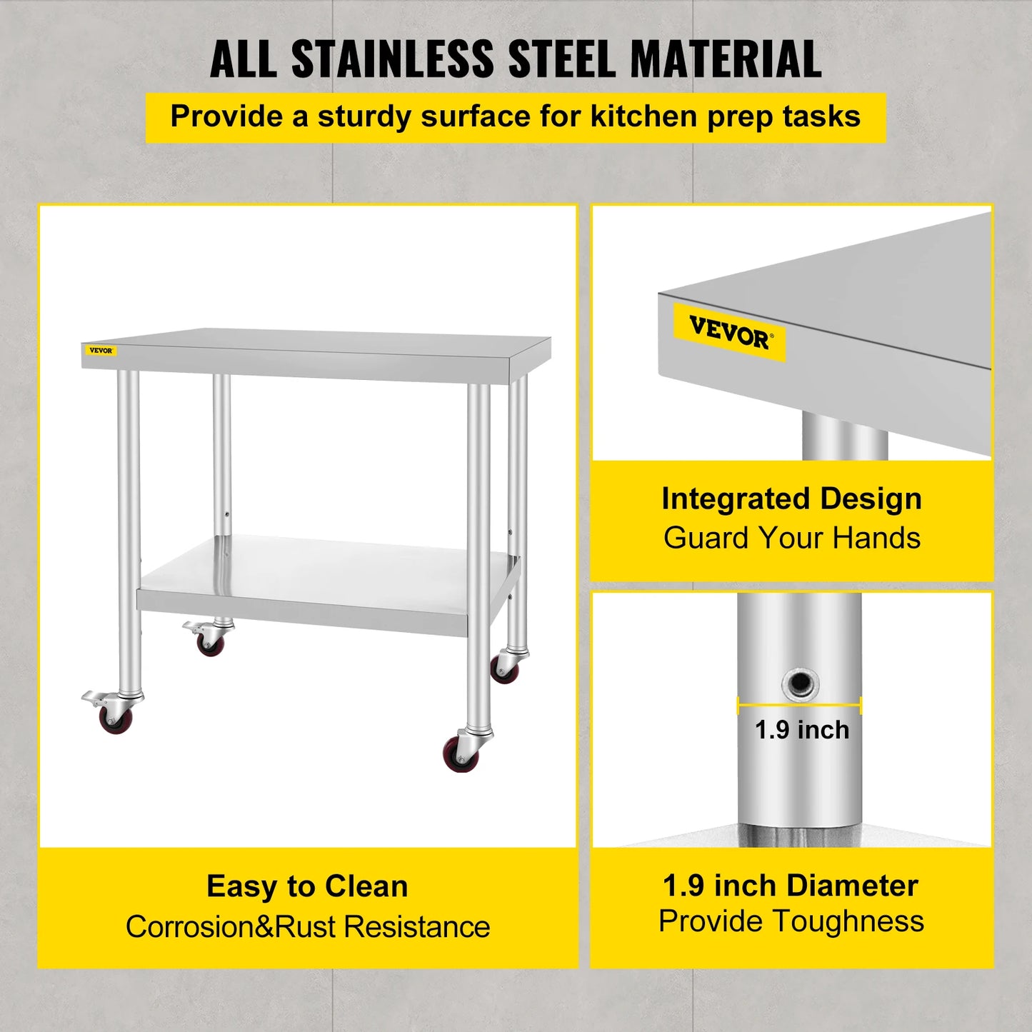 SucceBuy Stainless Steel Kitchen Prep Table With Caster Wheels Backsplash