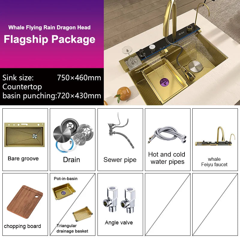 Stainless Steel Waterfall Kitchen Sink Digital Display Large Single Slot Dishwashing Sinks Overseas Warehouse Shipping