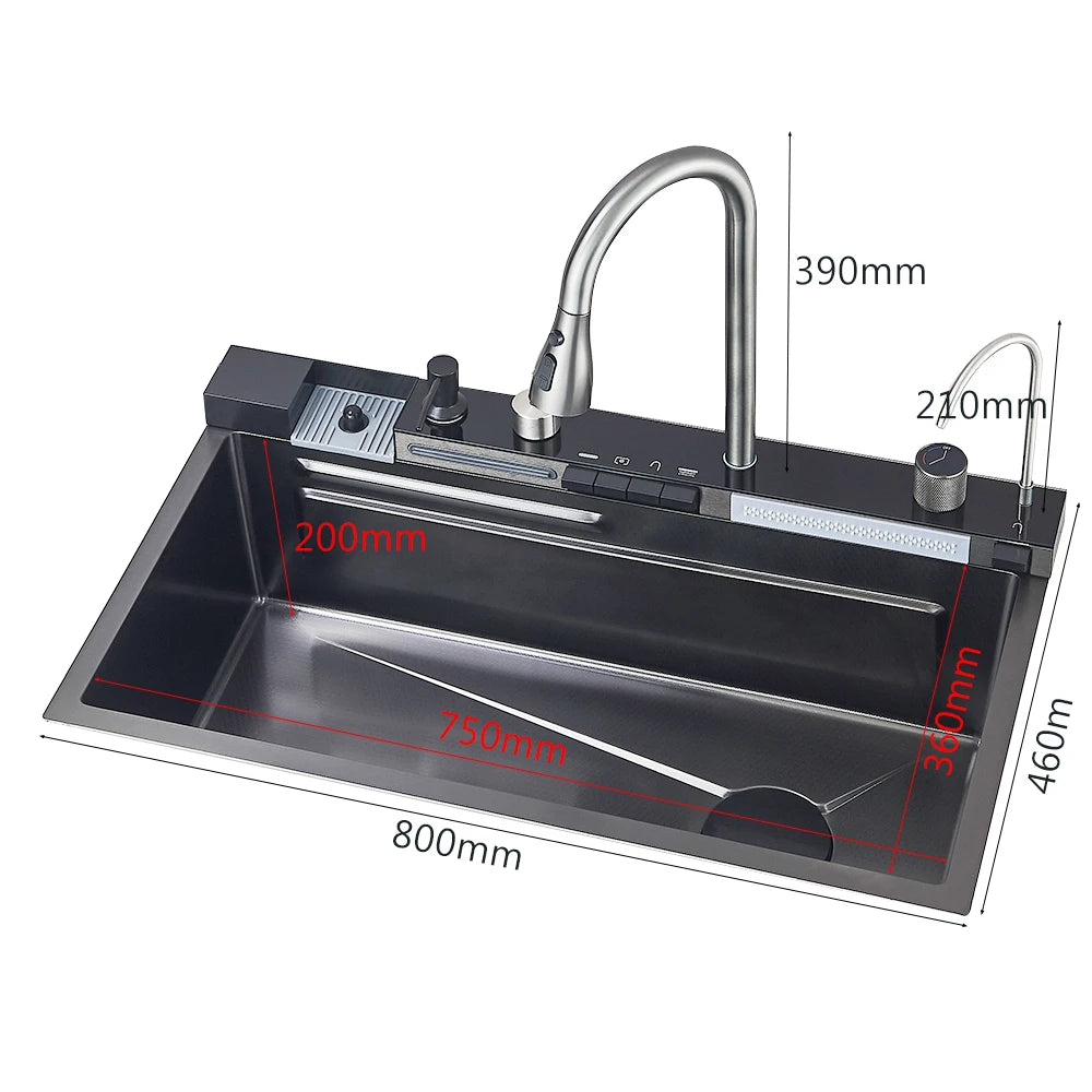 80X46cm Smart Digital Display Integrated Kitchen Sink Set Temperature Control Waterfall Water Purifier Soap Dispenser Cup Washer