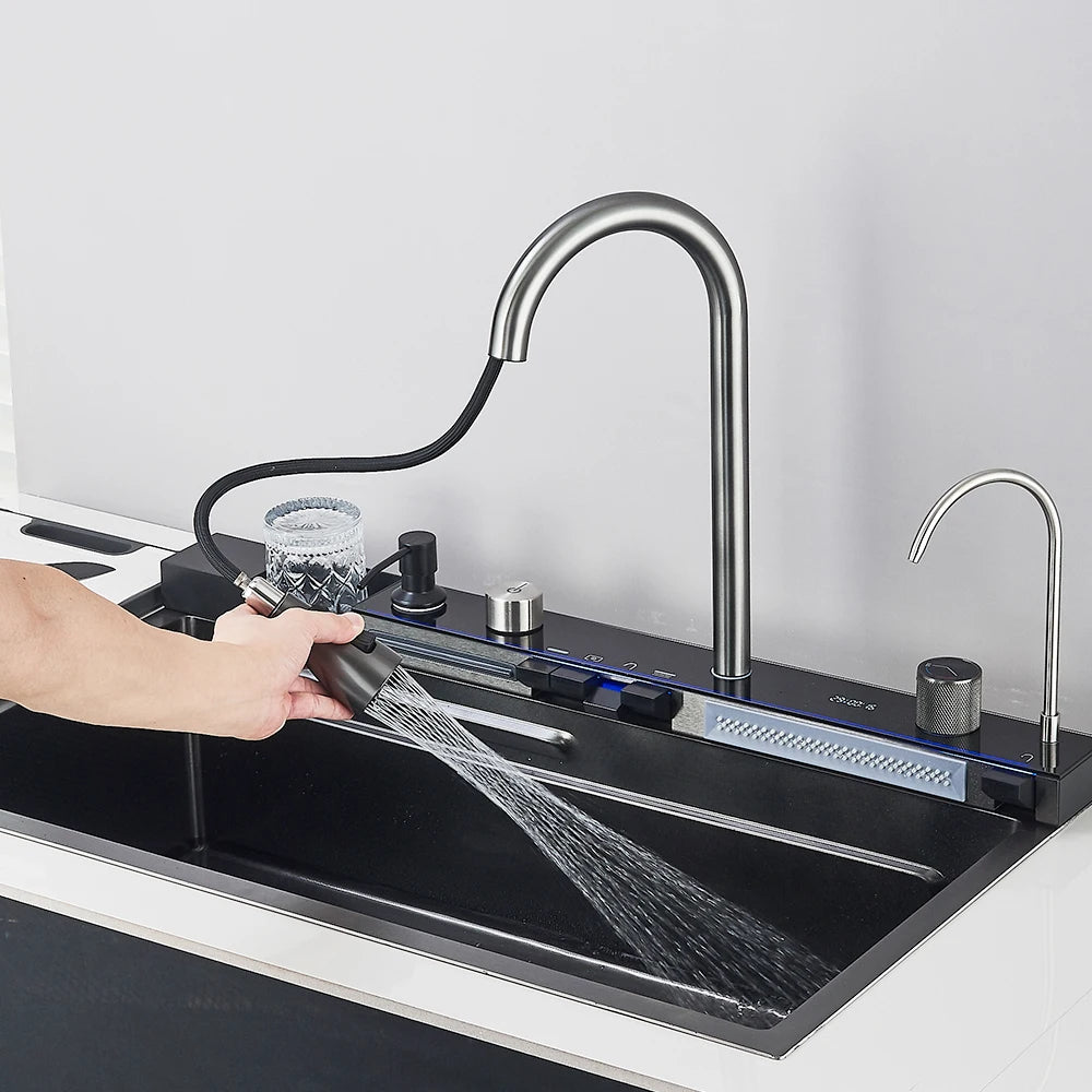 80X46cm Smart Digital Display Integrated Kitchen Sink Set Temperature Control Waterfall Water Purifier Soap Dispenser Cup Washer