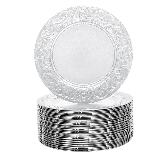 100 Pcs Silver Round Charger Plates Set, Reusable Serving Plates Disposable Platters for Wedding Party Banquets Picnics