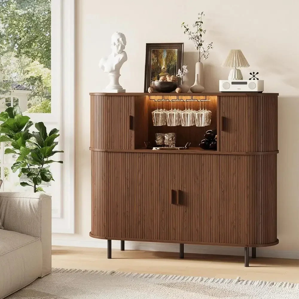 55 LED-lit Wine & Liquor Cabinet with Power Outlet, Glass Holder, and Rack for Home Bar or Living Room