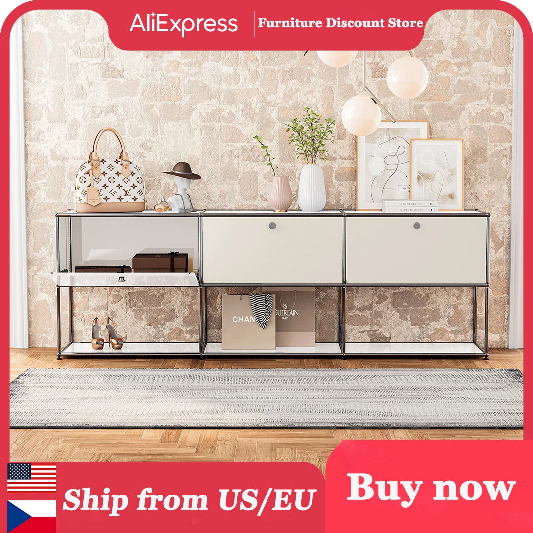 Storage Cabinet Sideboard Storage Shelf Furniture Stainless Steel Metal Board Living Room Night Stand Cabinet-No Keys