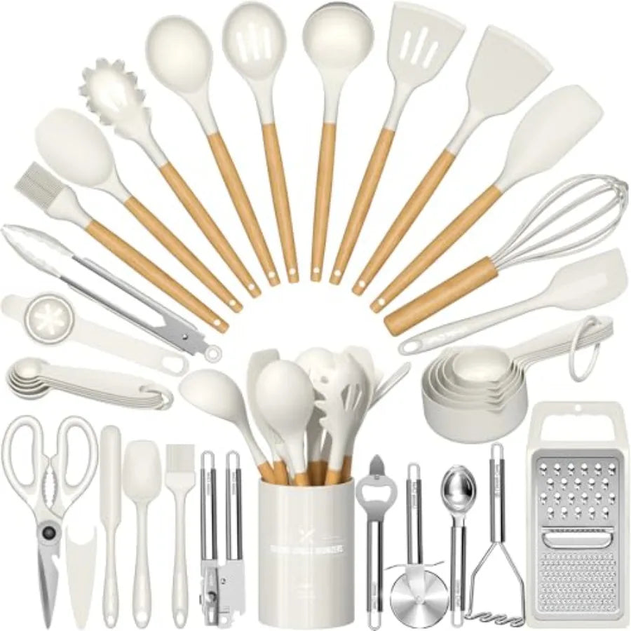 Silicone Kitchen Utensil Set, 34PCS Heat Resistant Kitchen Gadgets and Tools With Grater, Wood Handles for Nonstick Cookware