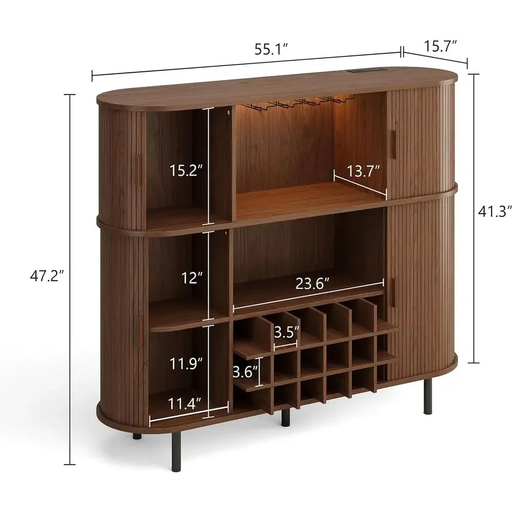 55 LED-lit Wine & Liquor Cabinet with Power Outlet, Glass Holder, and Rack for Home Bar or Living Room