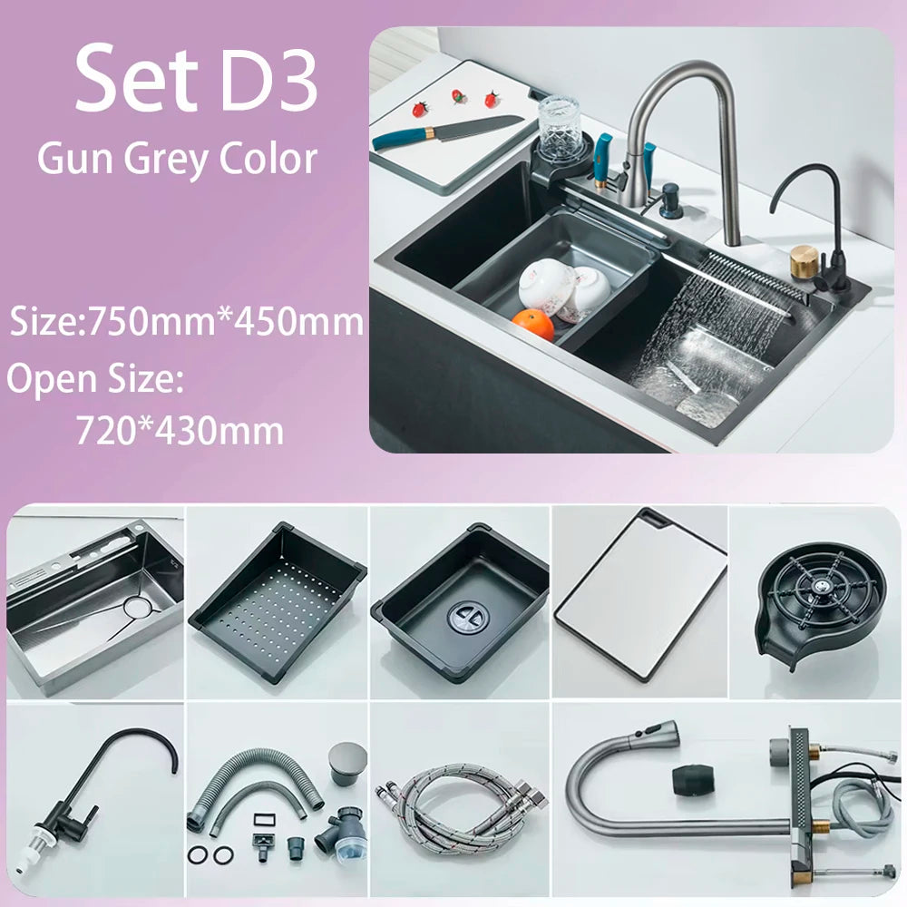 Kitchen Sink Faucet Large Integrate Digital Display Multi-Function Buttons Waterfall Soap Dispenser Cup Washer Kitchen Sink