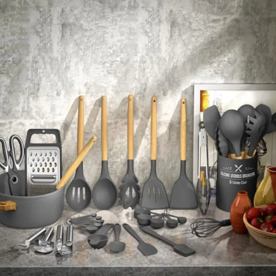 Silicone Kitchen Utensil Set, 34PCS Heat Resistant Kitchen Gadgets and Tools With Grater, Wood Handles for Nonstick Cookware