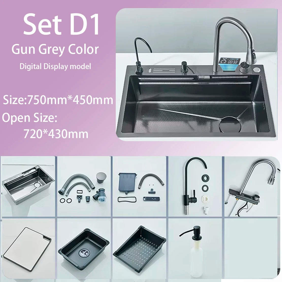Kitchen Sink Faucet Large Integrate Digital Display Multi-Function Buttons Waterfall Soap Dispenser Cup Washer Kitchen Sink