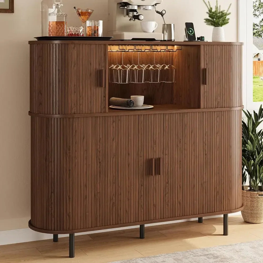 55 LED-lit Wine & Liquor Cabinet with Power Outlet, Glass Holder, and Rack for Home Bar or Living Room