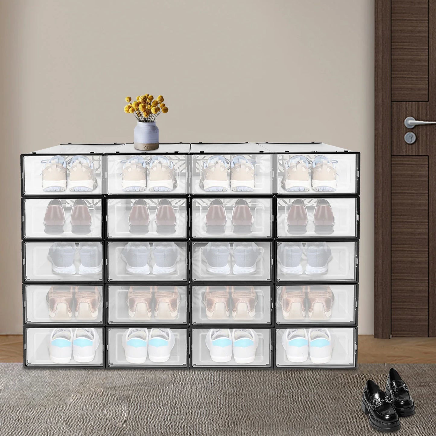 20 Pcs Shoe Storage Box Transparent PP Plastic Shoe Cabinet Moisture & Dust Proof Modern Organizer Black/White