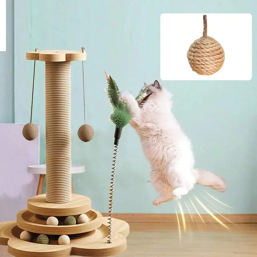 4-In-1 Interactive Cat Toy With Scratch Pole Track Ball Teaser
