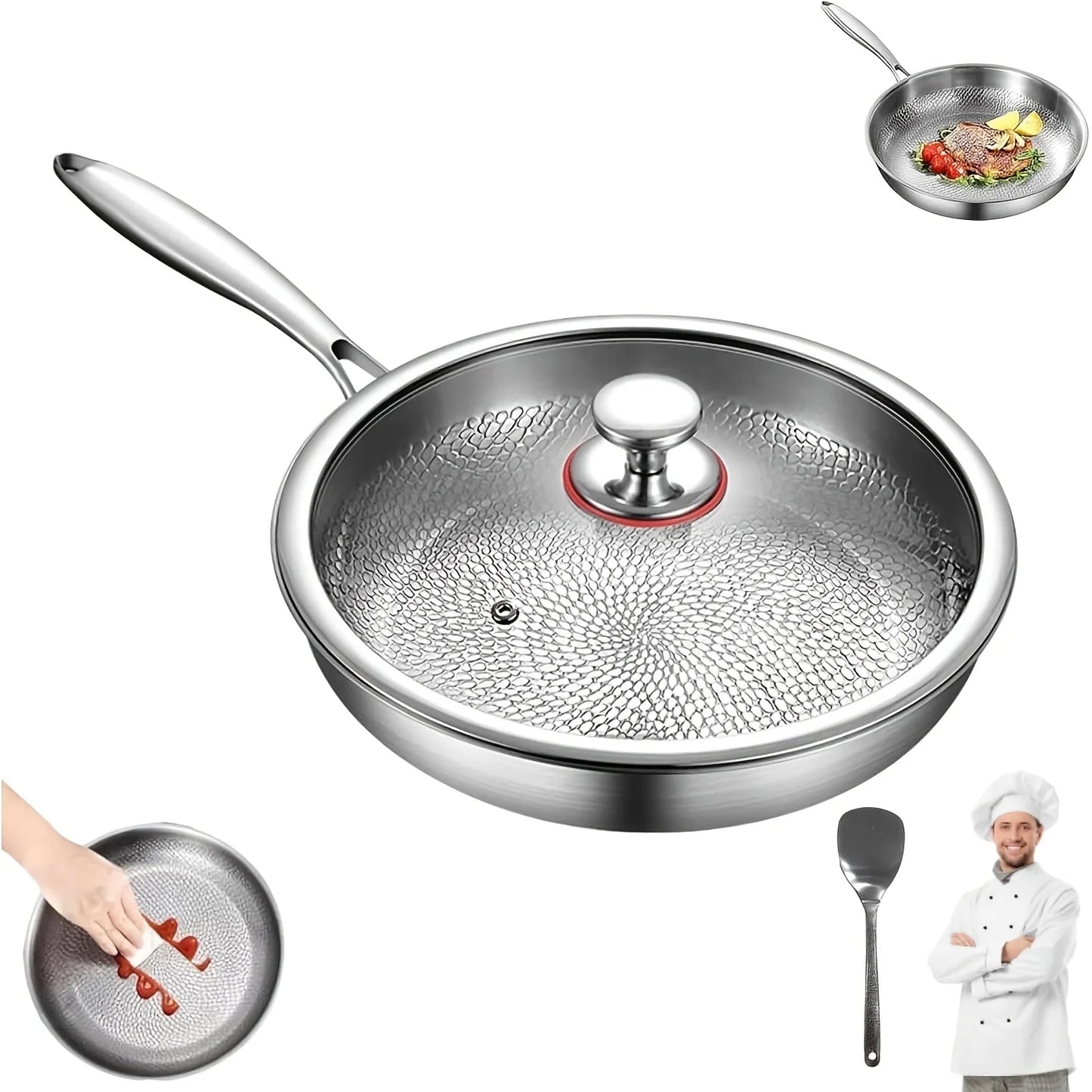 Premium Hammered Texture Titanium Golden Frying Pan with Lid, Upgraded Non-Coated Titanium Golden Professional Cookware. Suitable for All Stovetops, Easy to Clean. This Is a Metal Pan Without Chemical Coatings. The Microscopi