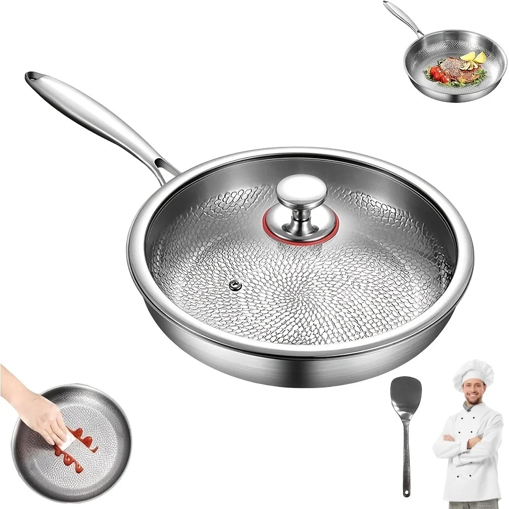 Premium Hammered Texture Titanium Golden Frying Pan with Lid, Upgraded Non-Coated Titanium Golden Professional Cookware. Suitable for All Stovetops, Easy to Clean. This Is a Metal Pan Without Chemical Coatings. The Microscopi