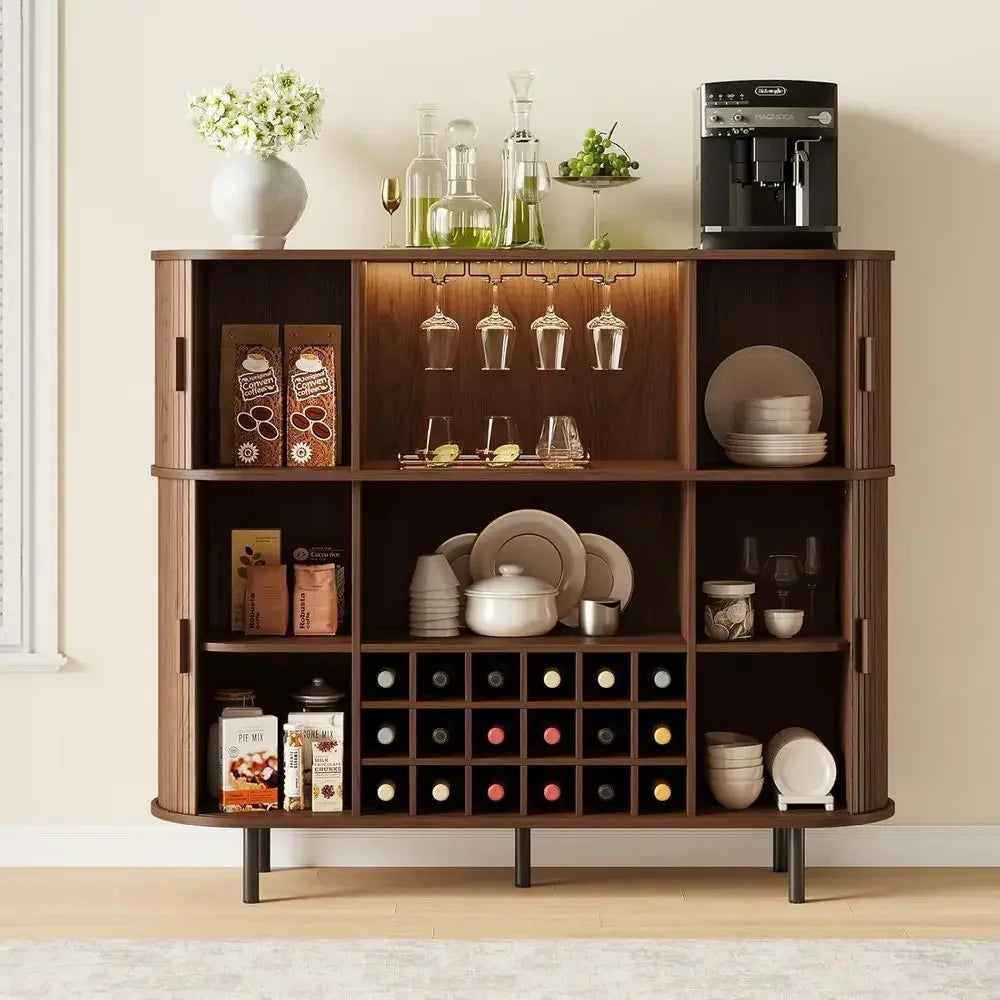 55 LED-lit Wine & Liquor Cabinet with Power Outlet, Glass Holder, and Rack for Home Bar or Living Room
