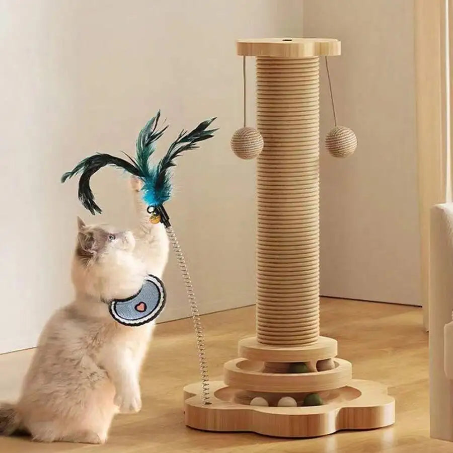 4-In-1 Interactive Cat Toy With Scratch Pole Track Ball Teaser