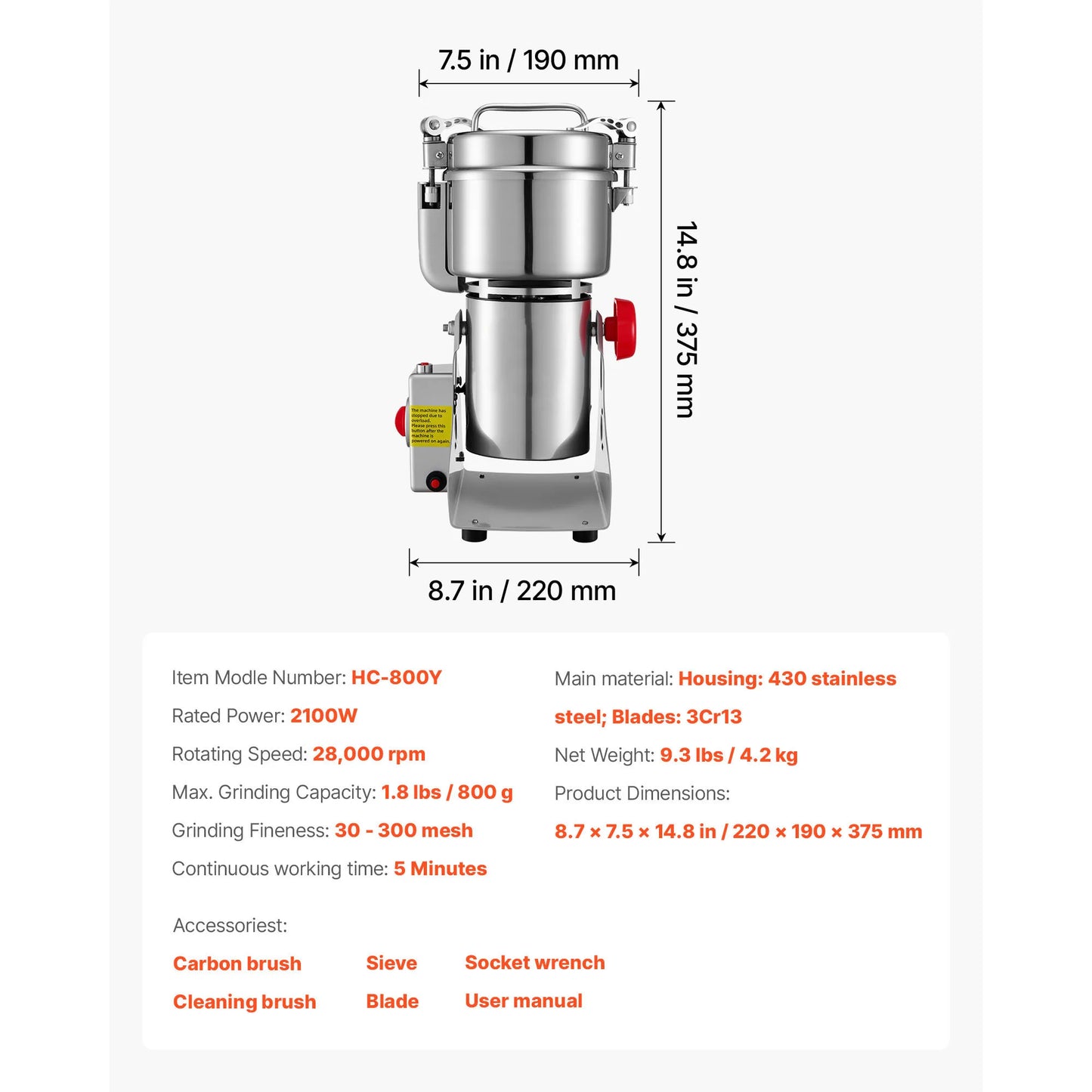 Succebuy Electric Grain Mill Grinder 28000RPM High Speed