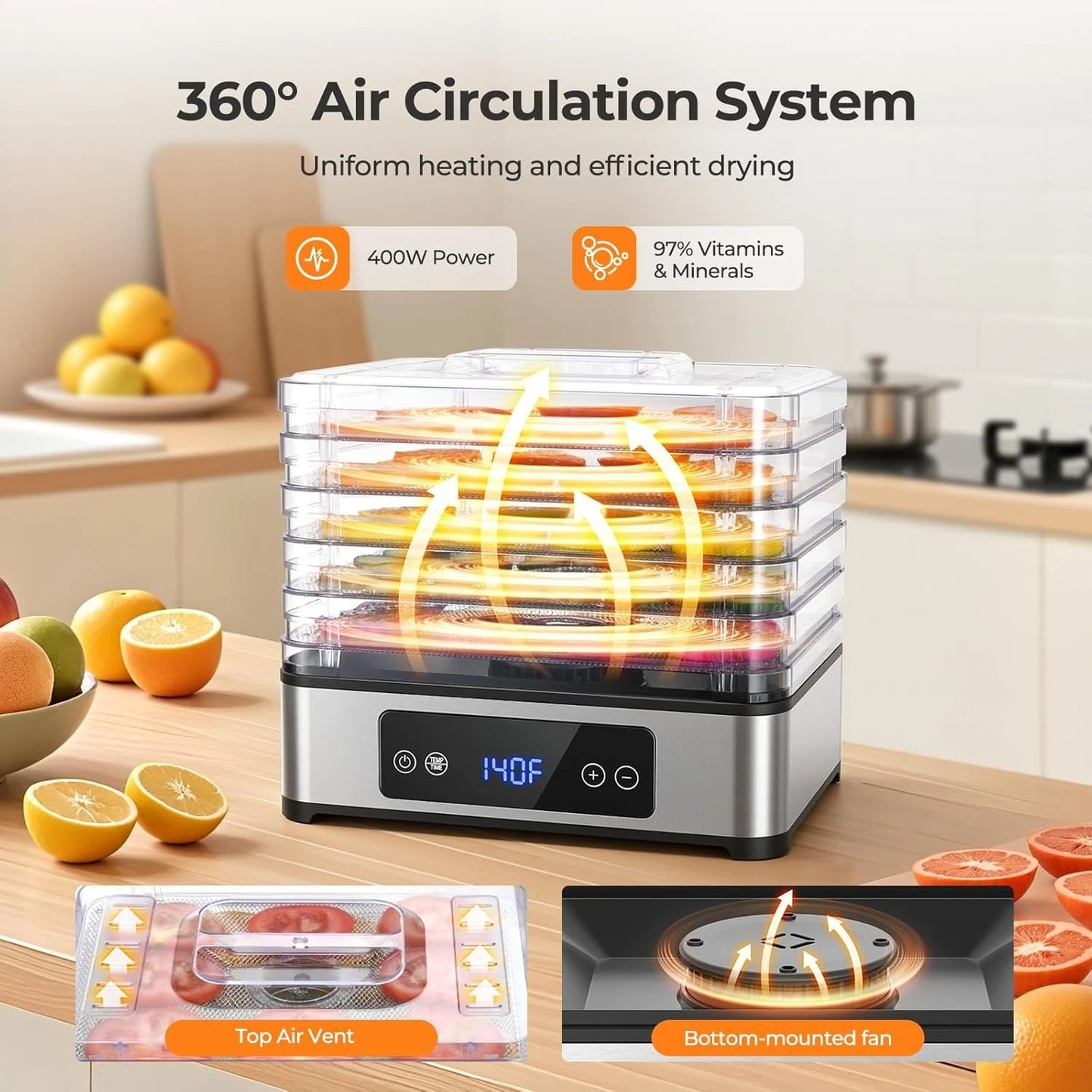 5 Tray Food Dehydrator 400W With 48H Timer And Temperature Control