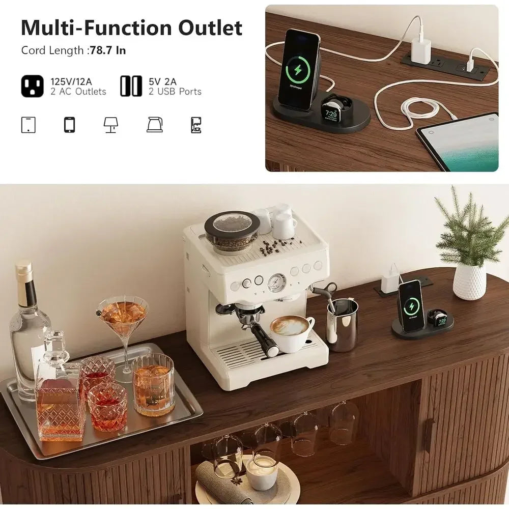 55 LED-lit Wine & Liquor Cabinet with Power Outlet, Glass Holder, and Rack for Home Bar or Living Room