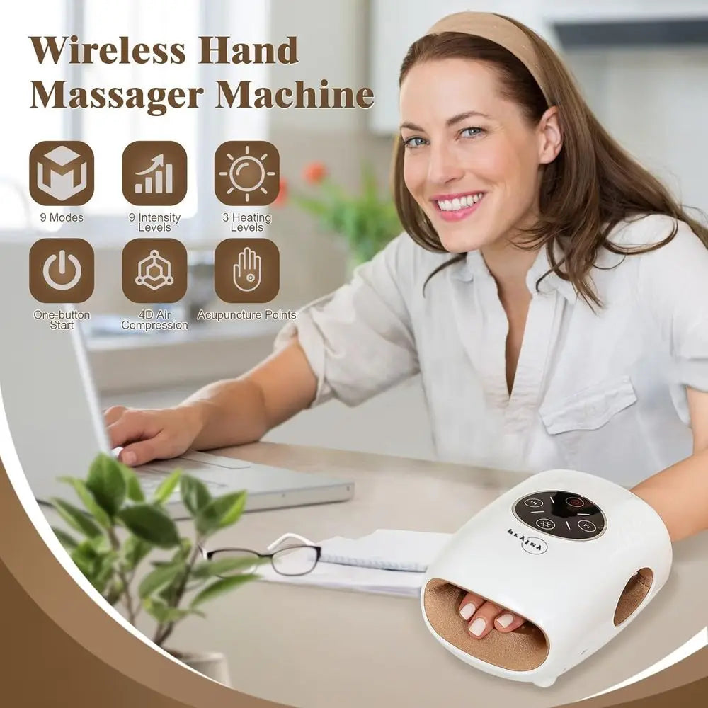 Heat and Compression Hand Massager for Arthritis, Carpal Tunnel Relief, and Wrist Relaxation - 9 Intensity Levels, Ideal Gift fo