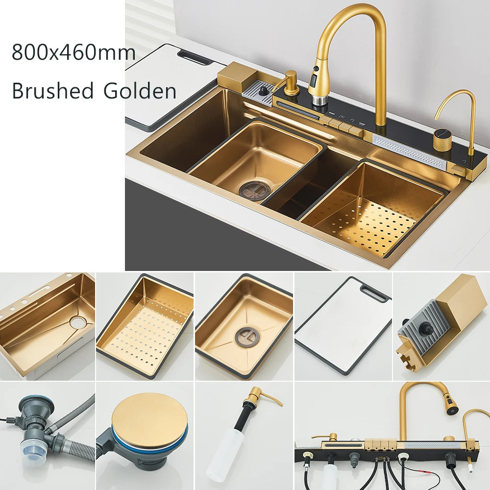 80X46cm Smart Digital Display Integrated Kitchen Sink Set Temperature Control Waterfall Water Purifier Soap Dispenser Cup Washer