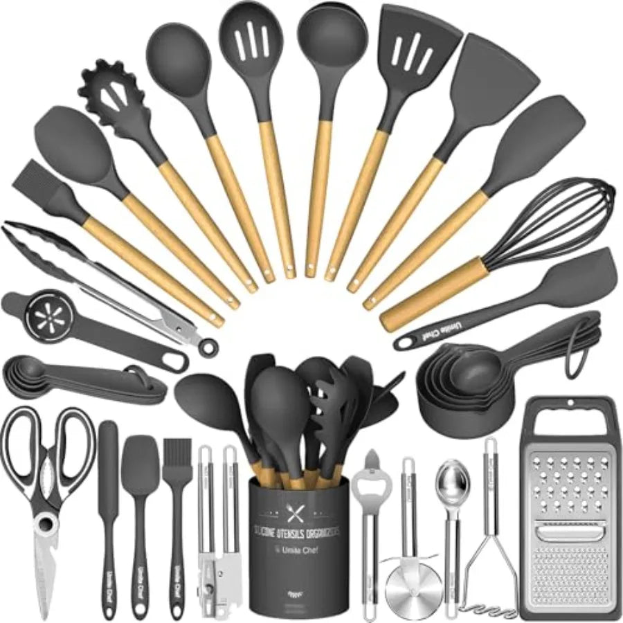 Silicone Kitchen Utensil Set, 34PCS Heat Resistant Kitchen Gadgets and Tools With Grater, Wood Handles for Nonstick Cookware