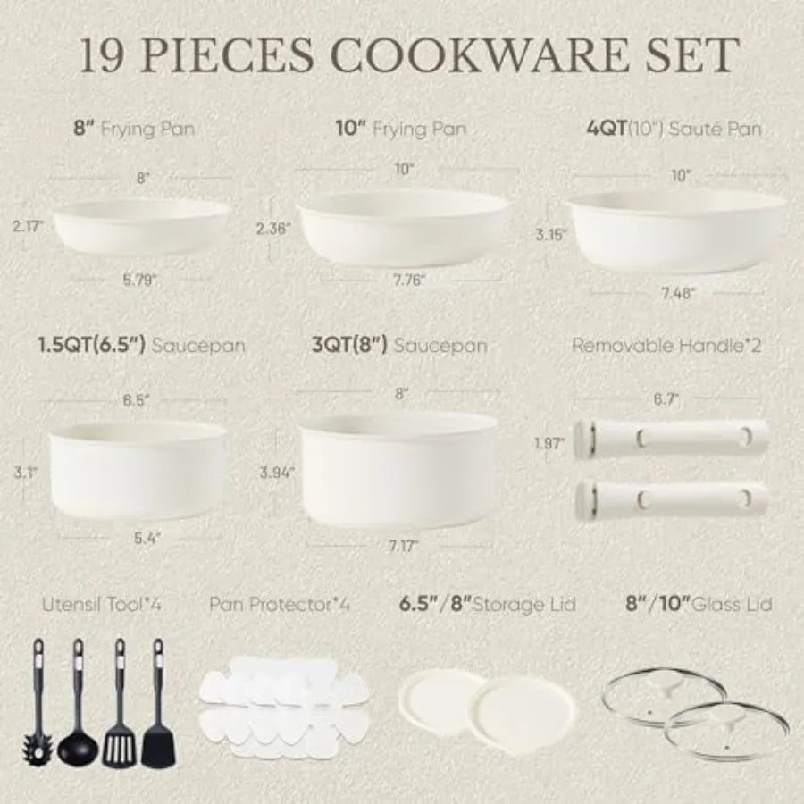 19pcs Pots and Pans Set, Nonstick Cookware Set Detachable Handle, Induction Kitchen Cookware Sets Non Stick with Removable Hand