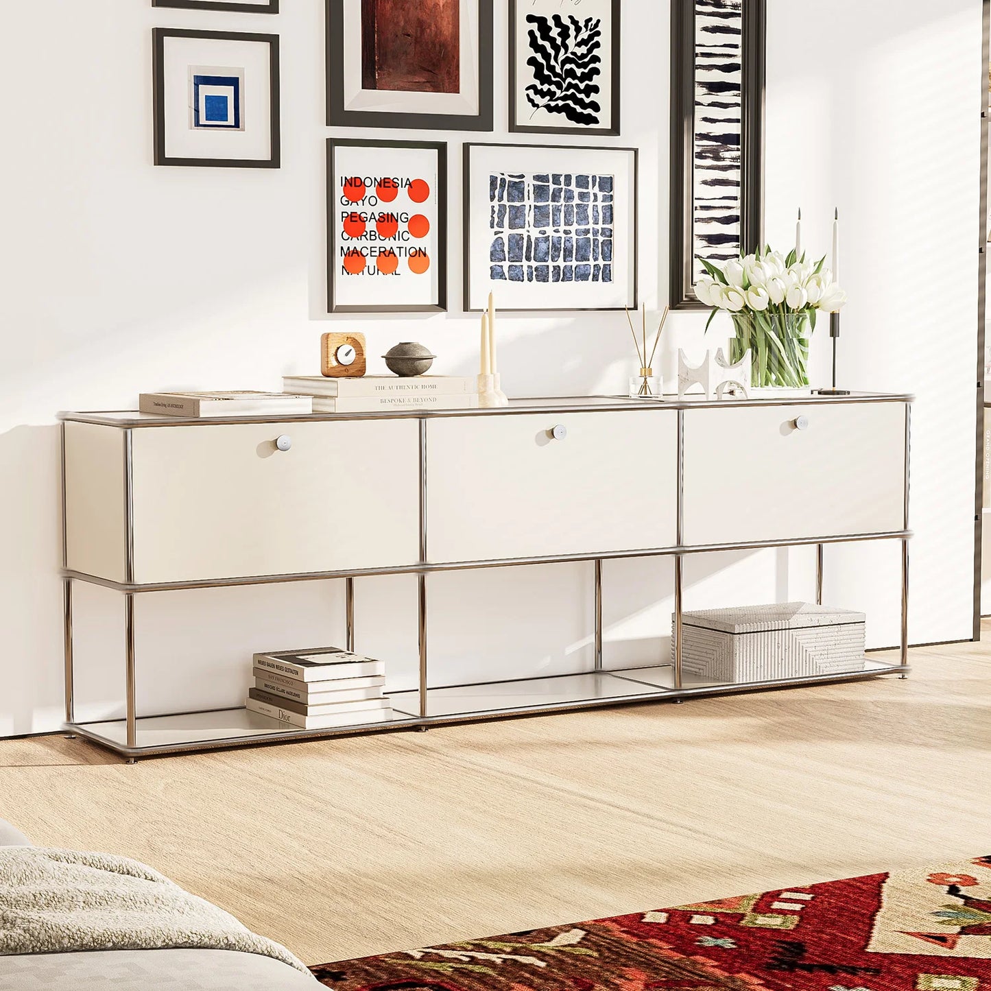 Storage Cabinet Sideboard Storage Shelf Furniture Stainless Steel Metal Board Living Room Night Stand Cabinet-No Keys