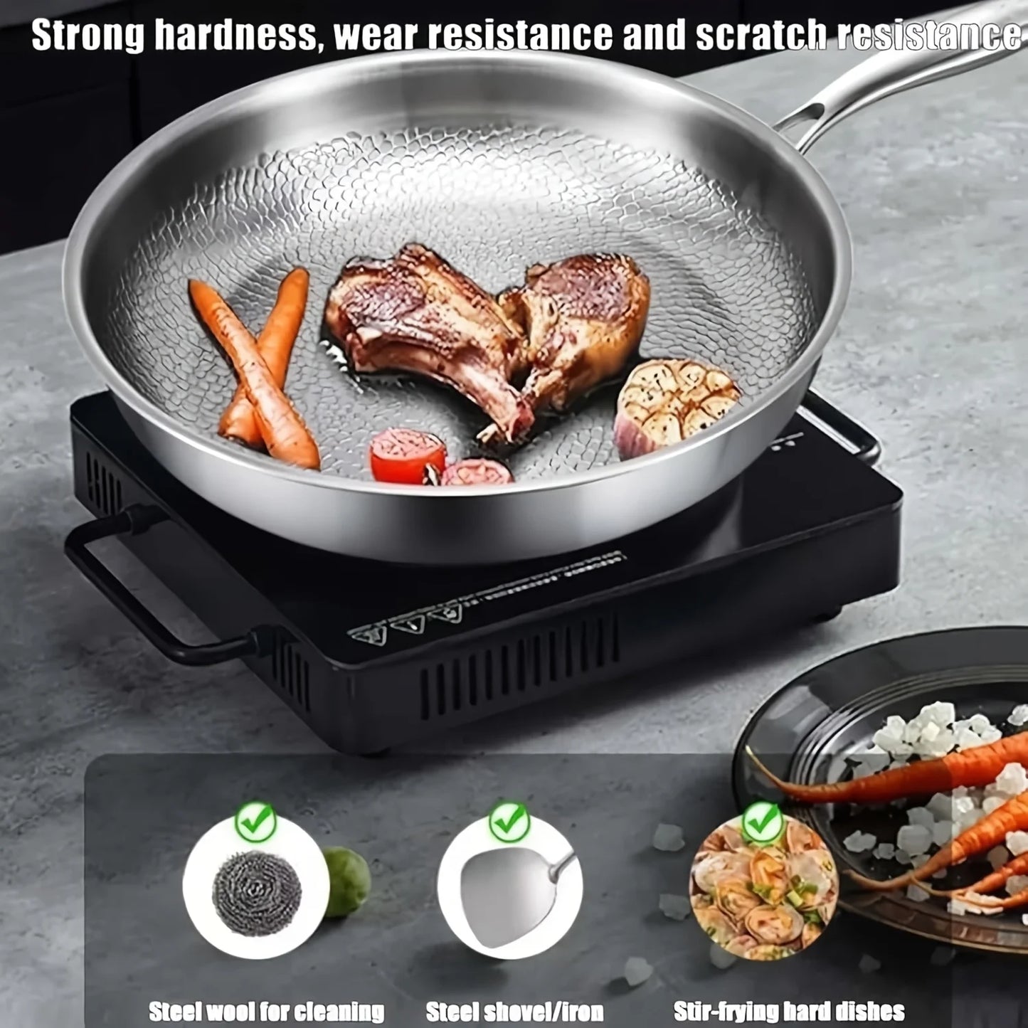 Premium Hammered Texture Titanium Golden Frying Pan with Lid, Upgraded Non-Coated Titanium Golden Professional Cookware. Suitable for All Stovetops, Easy to Clean. This Is a Metal Pan Without Chemical Coatings. The Microscopi