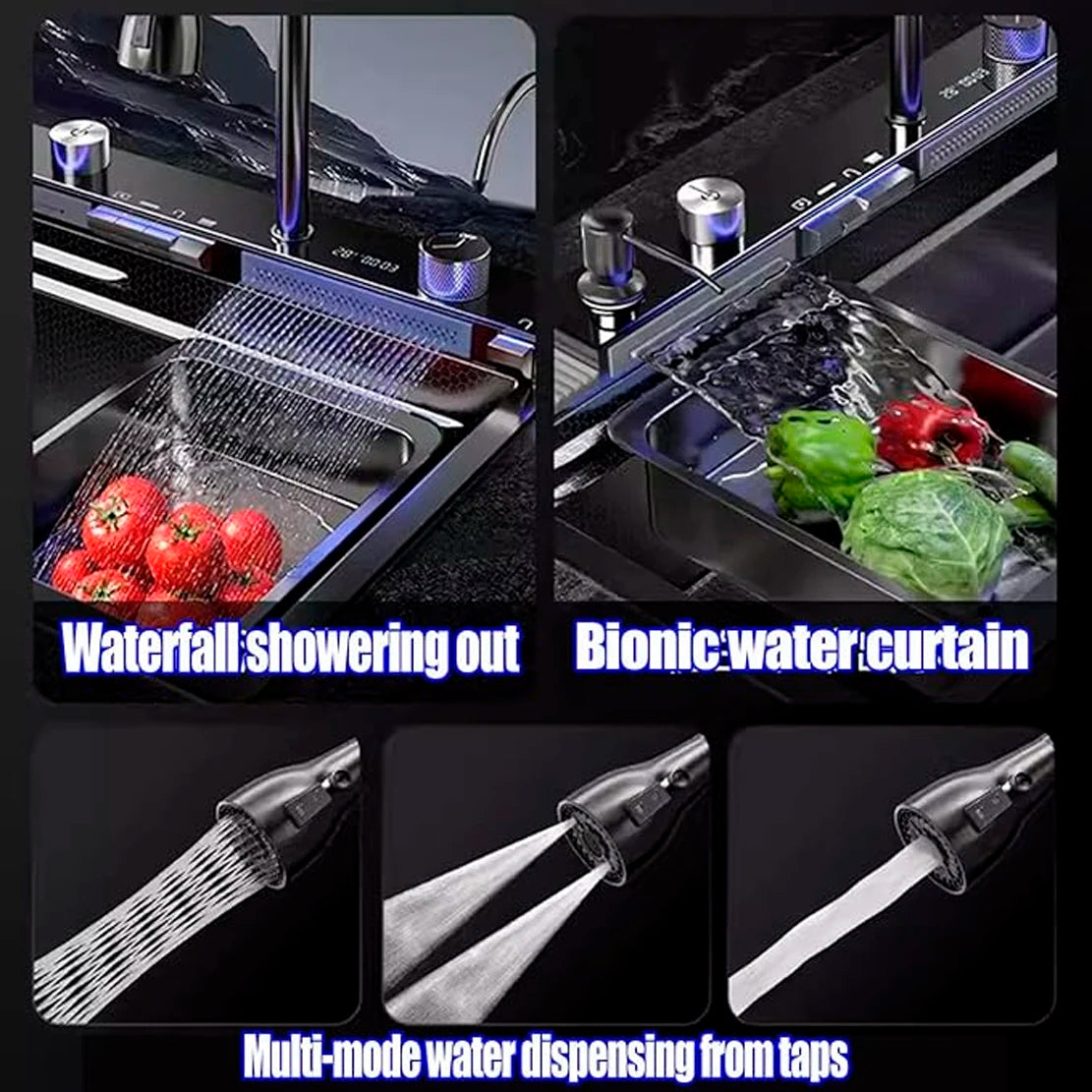 Kitchen Sink Faucet Large Integrate Digital Display Multi-Function Buttons Waterfall Soap Dispenser Cup Washer Kitchen Sink