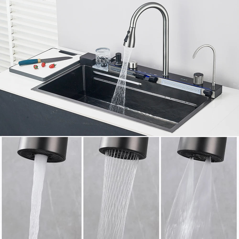 80X46cm Smart Digital Display Integrated Kitchen Sink Set Temperature Control Waterfall Water Purifier Soap Dispenser Cup Washer