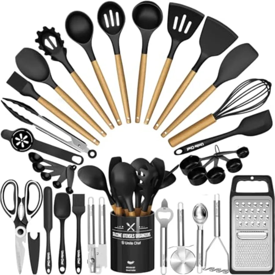 Silicone Kitchen Utensil Set, 34PCS Heat Resistant Kitchen Gadgets and Tools With Grater, Wood Handles for Nonstick Cookware
