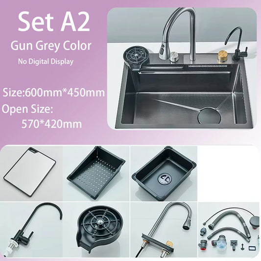 Kitchen Sink Faucet Large Integrate Digital Display Multi-Function Buttons Waterfall Soap Dispenser Cup Washer Kitchen Sink