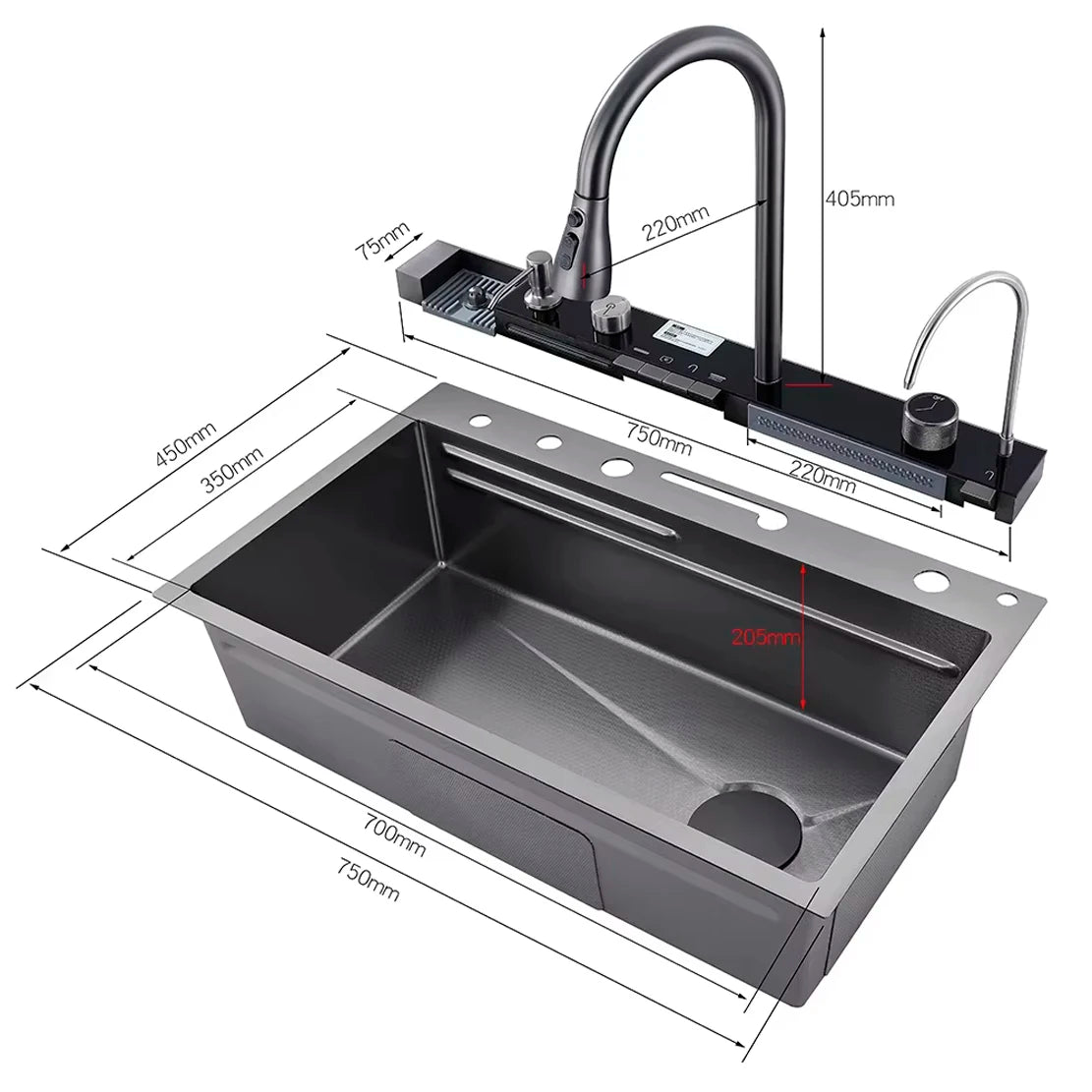 Kitchen Sink Faucet Large Integrate Digital Display Multi-Function Buttons Waterfall Soap Dispenser Cup Washer Kitchen Sink