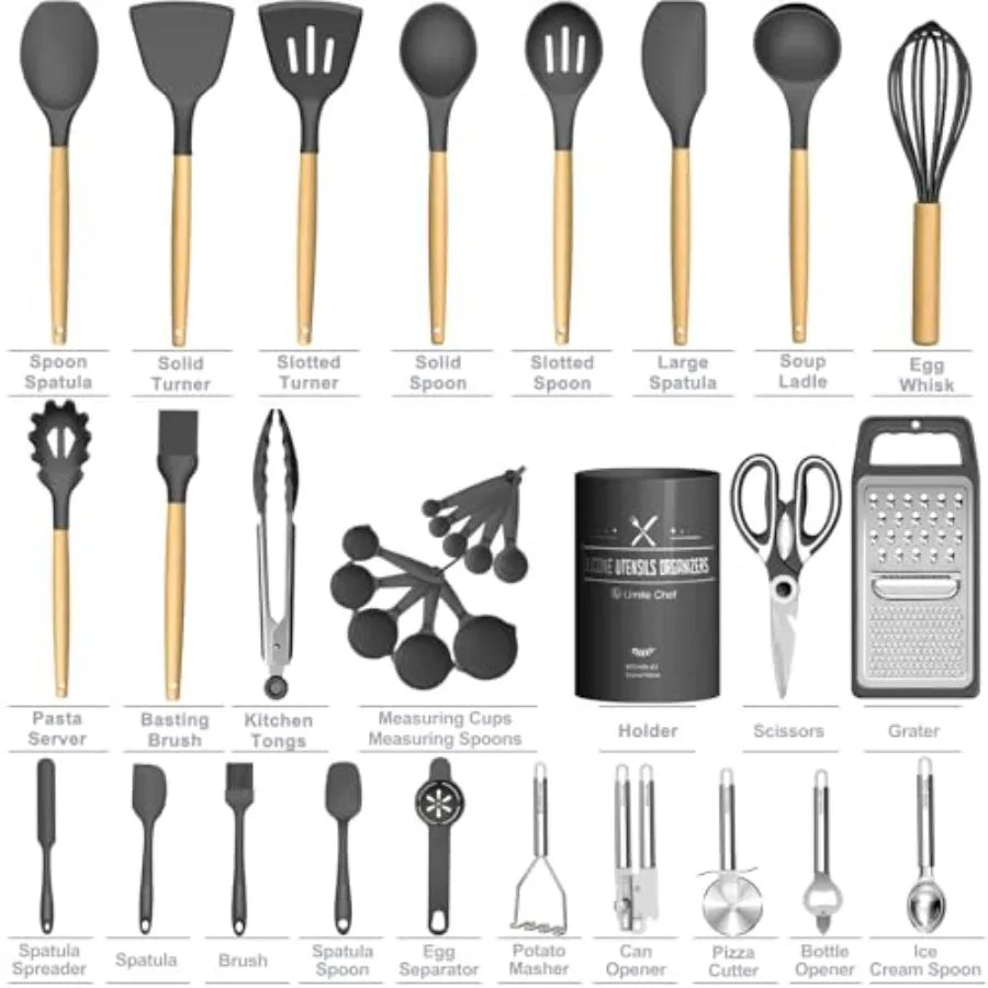 Silicone Kitchen Utensil Set, 34PCS Heat Resistant Kitchen Gadgets and Tools With Grater, Wood Handles for Nonstick Cookware