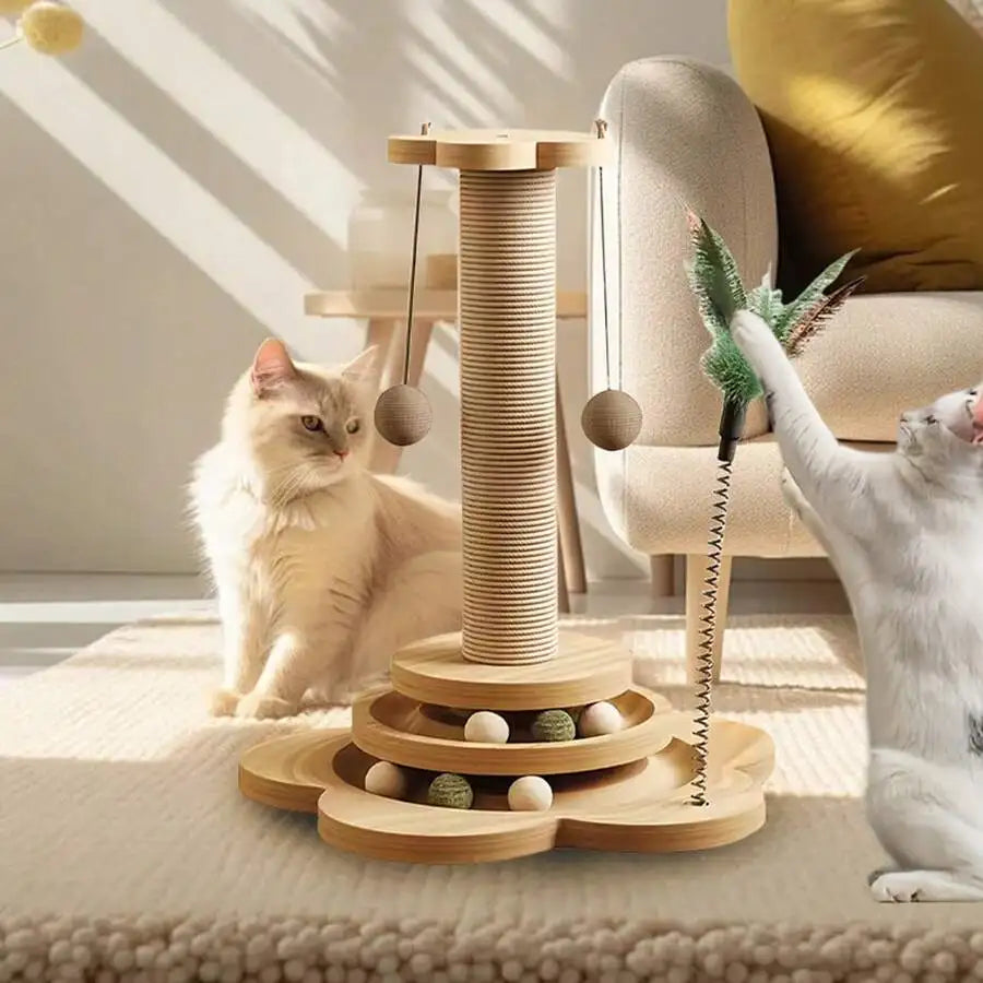 4-In-1 Interactive Cat Toy With Scratch Pole Track Ball Teaser