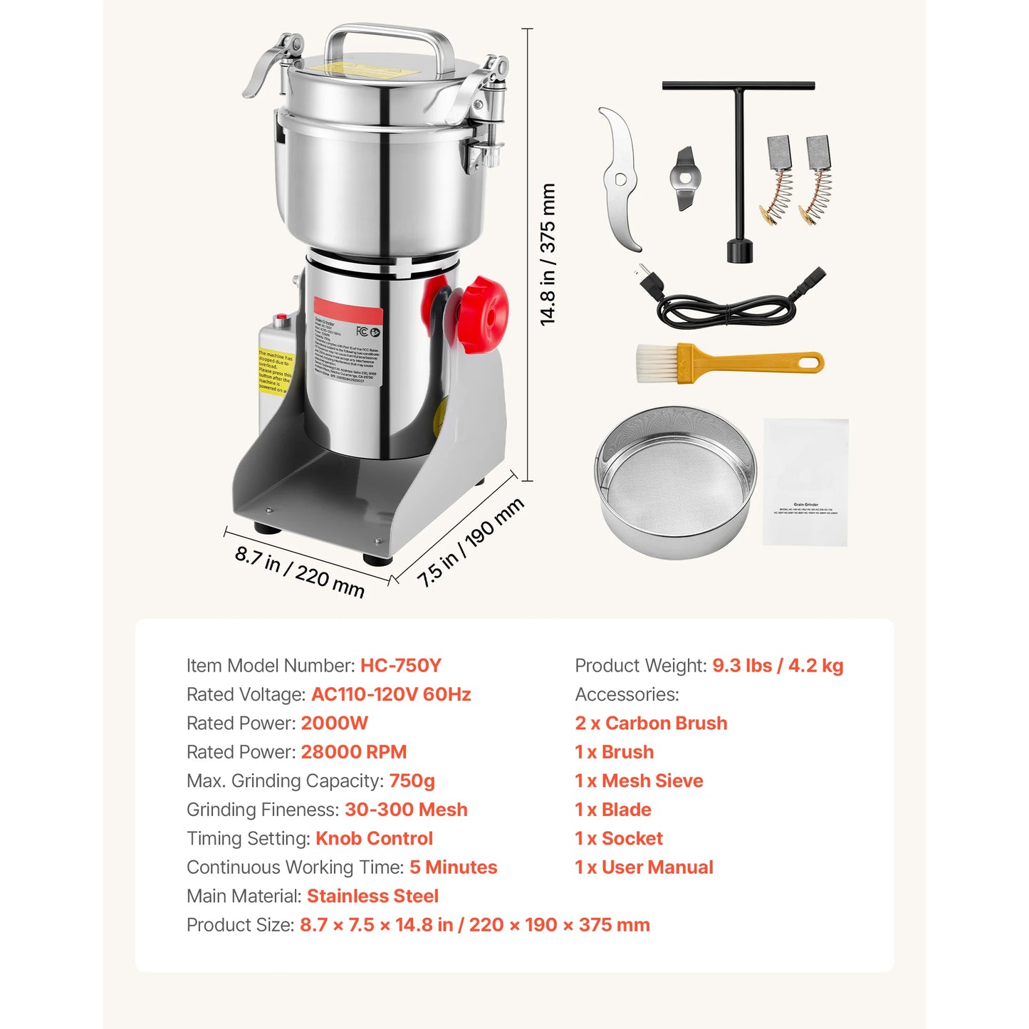 Succebuy Electric Grain Mill Grinder 28000RPM High Speed
