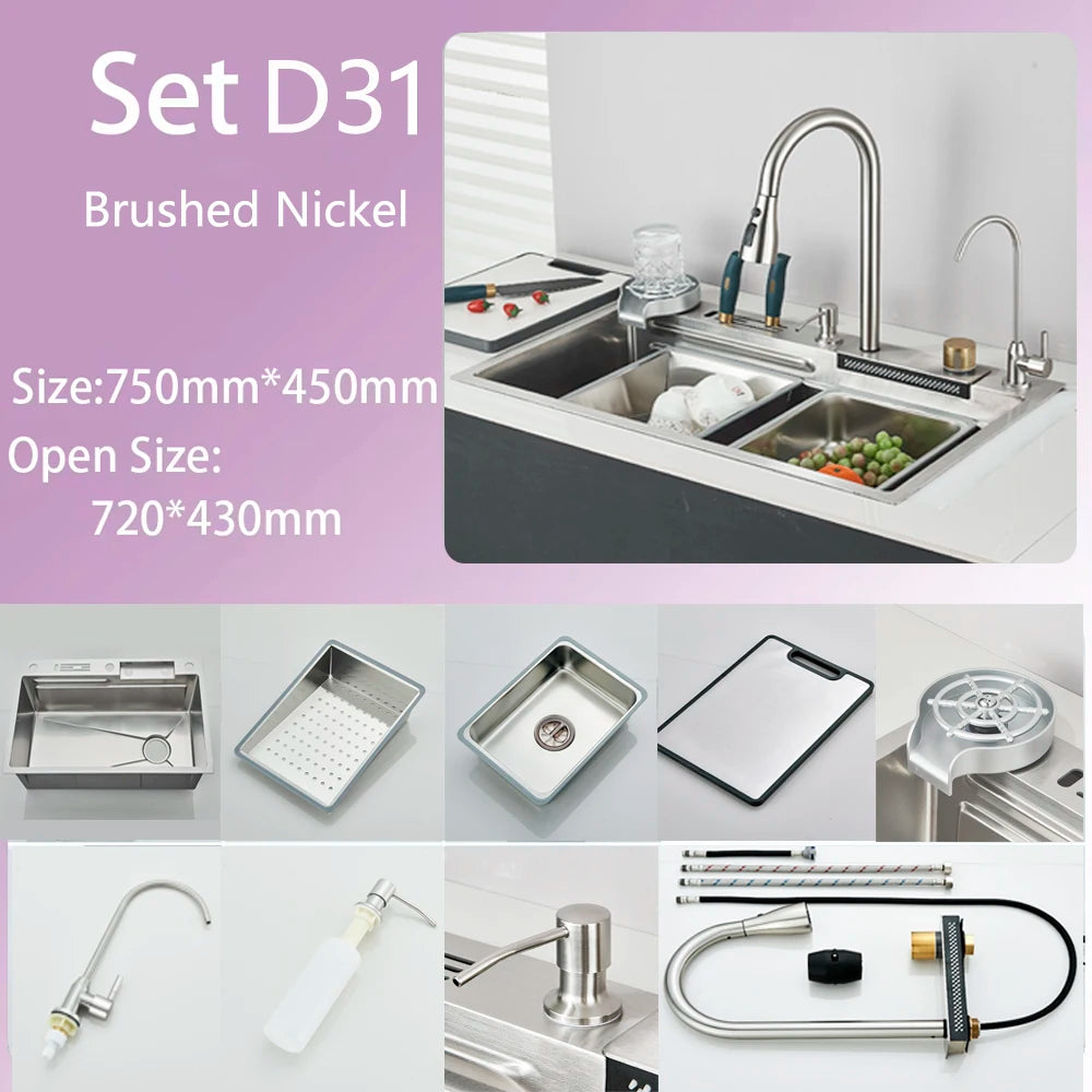 Kitchen Sink Faucet Large Integrate Digital Display Multi-Function Buttons Waterfall Soap Dispenser Cup Washer Kitchen Sink